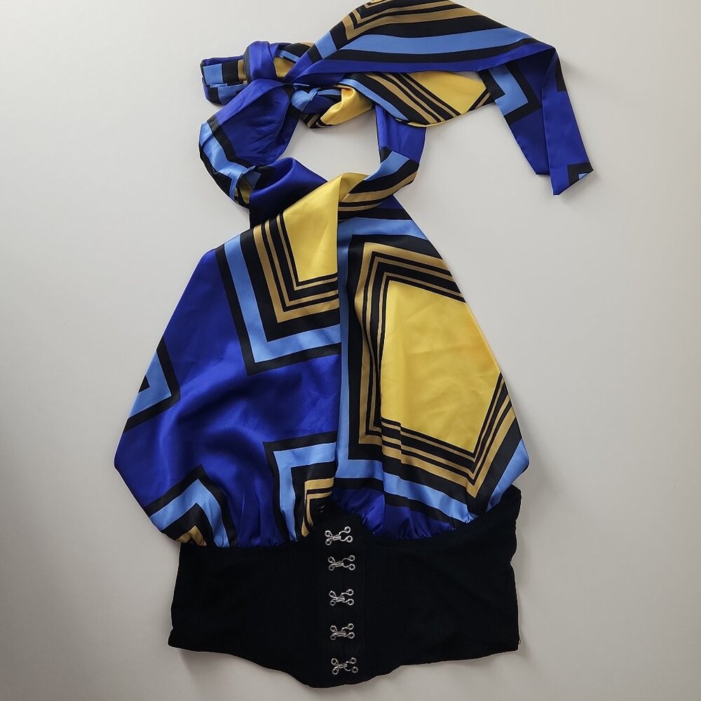 Akira Corset Halter neck Top bold colorblock geometric print silky satin M